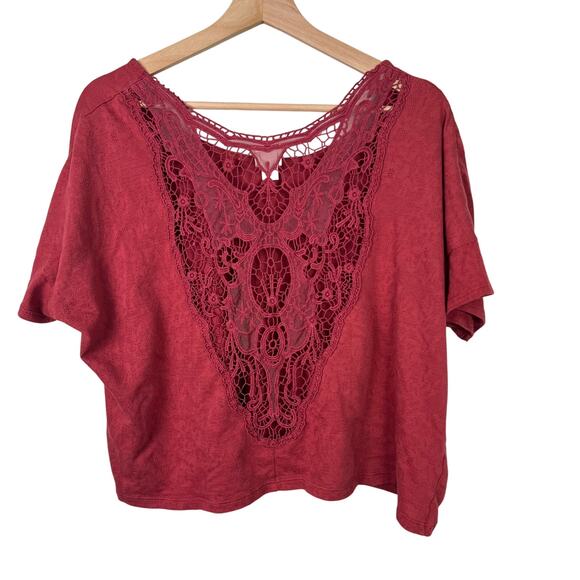 Mossimo Womans XL Red Lacy Sheer Back Crop Top Short Sleeve Fairy Boho Y2K - Picture 1 of 9